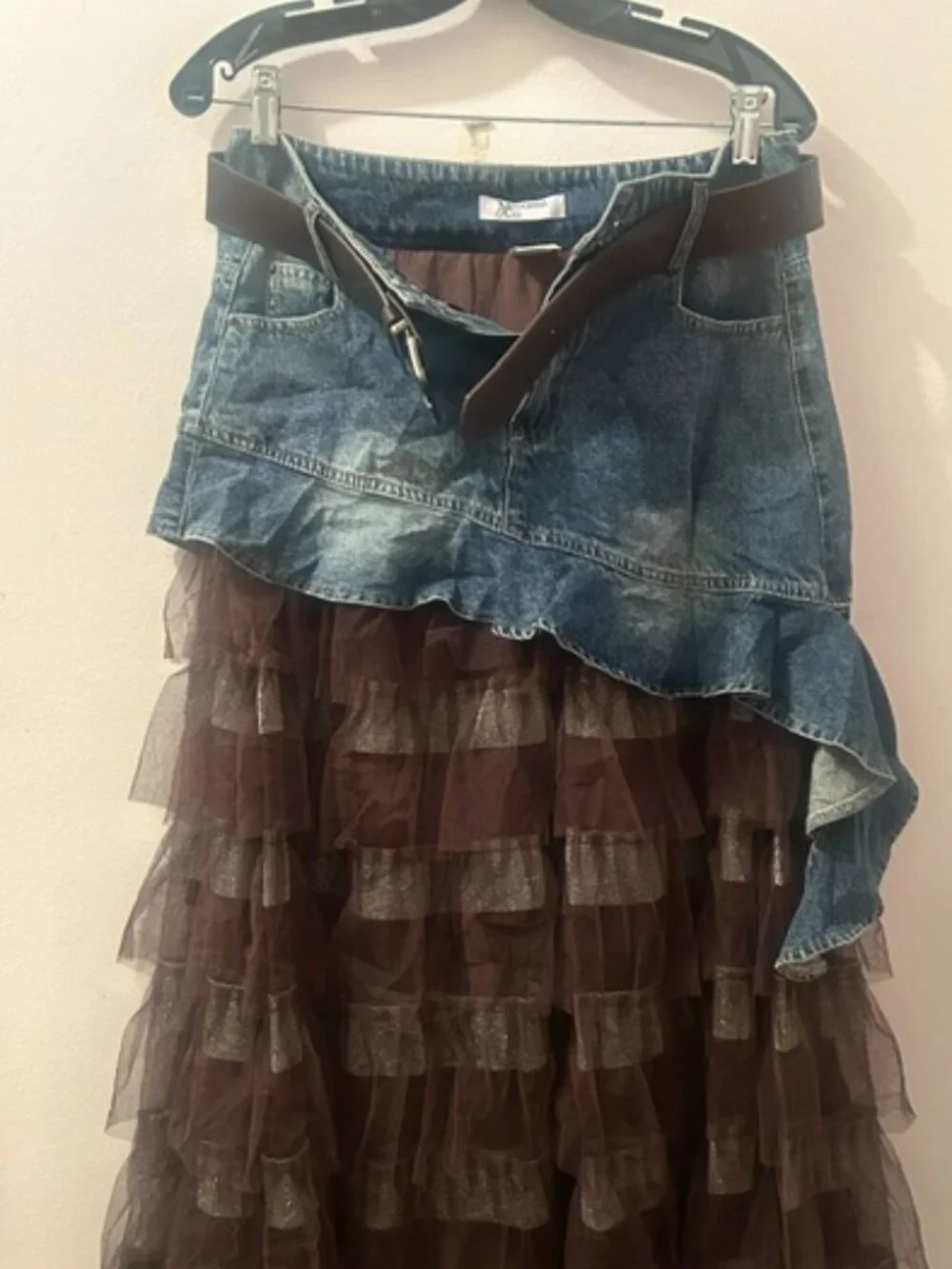 Luxe & Leather by Madonna & Co Lush Brown Tulle-Denim Belted Glitter Skirt NEW